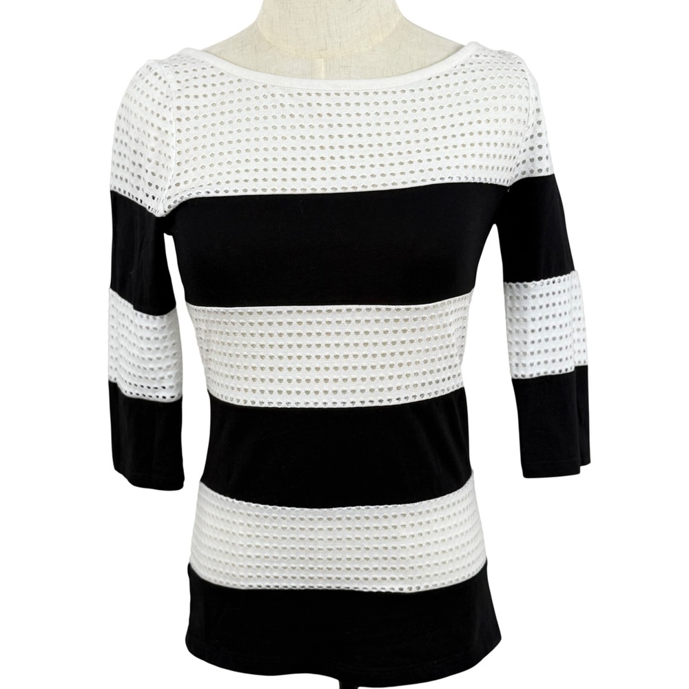 Ann Taylor Womens XS Striped Eyelet Mesh 3/4 Sleeve Top Nautical Parisian 60s